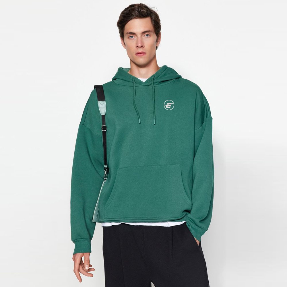 Green Men’s Oversize/Wide-Cut Hoodie, Puffy Back Printed Fleece Interior Cotton