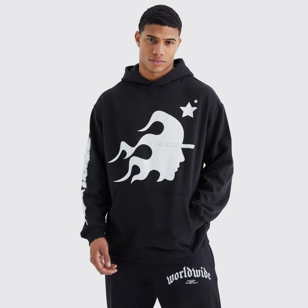 Oversized Homme Graphic Puff Print Hoodie – Black