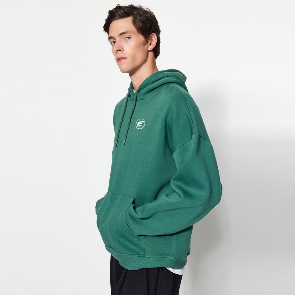 Green Men’s Oversize/Wide-Cut Hoodie, Puffy Back Printed Fleece Interior Cotton