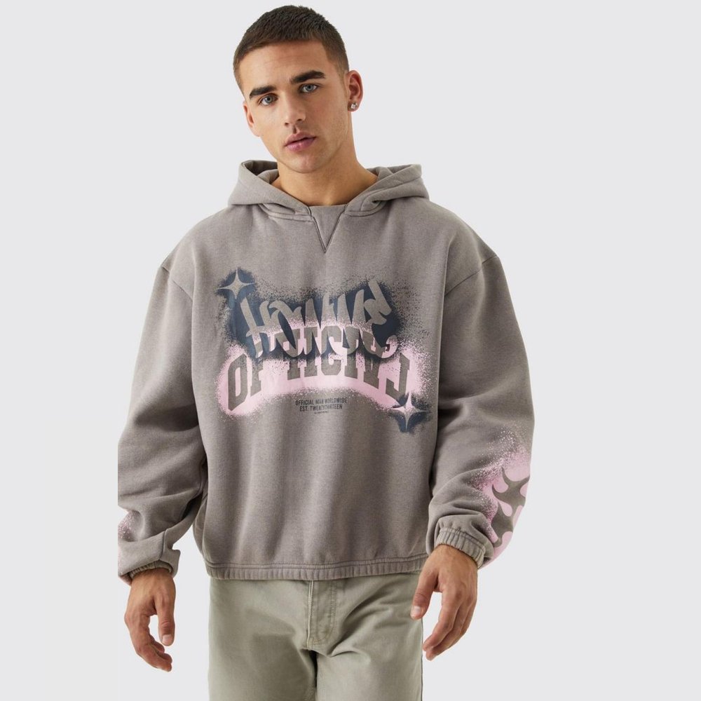 Boxy Fit Homme Graffiti Print Hoodie – Light Grey